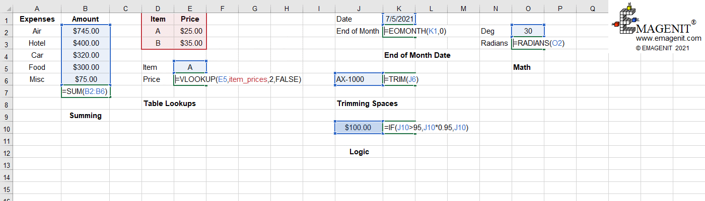 Variety of Excel Worksheet Functions